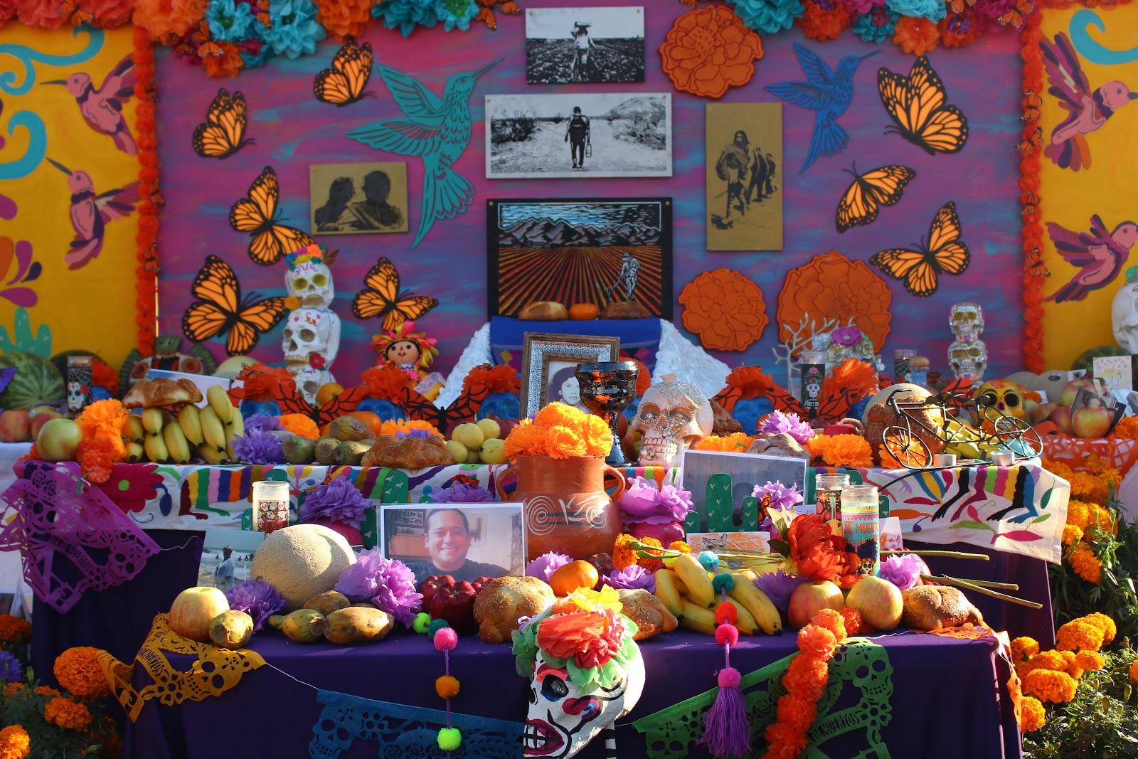 Community ofrenda covered in orange marigolds, framed family portraits and sugar skulls